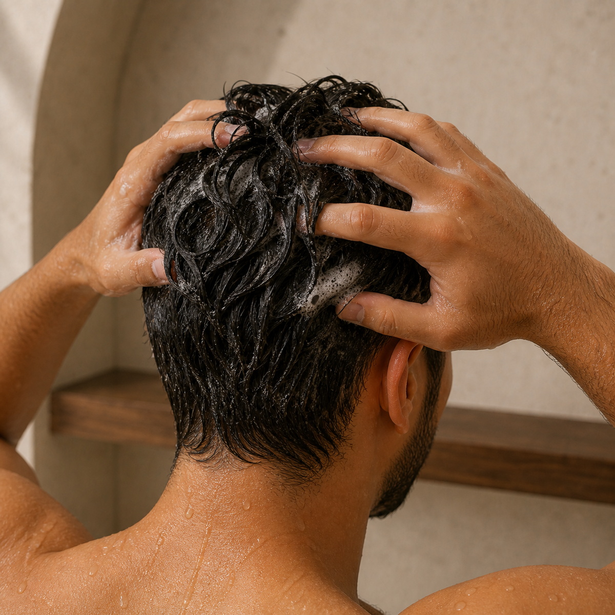 Working restrained shampoo lather through wet hair as the cleansing step in the Complete Hair Care Routine