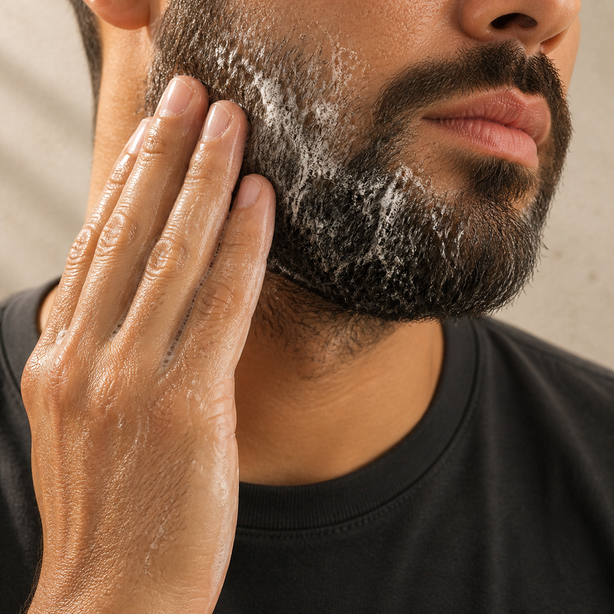Man applying a light Diggn'It Arabian Soap Bar lather through his beard
