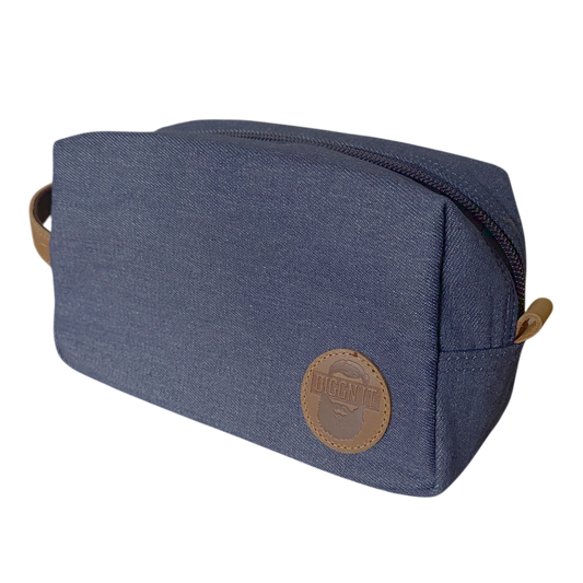 Blue toiletry bag with a brown leather patch on a white background