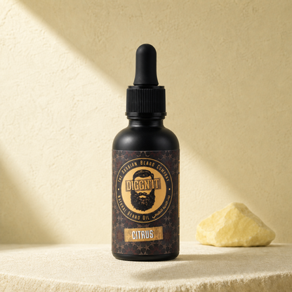 Diggn'It Citrus Arabian Beard Oil bottle on a bright ivory mineral backdrop