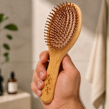 A hand holding the Eco-Friendly Bamboo Hair Brush by its bamboo handle