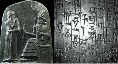 Hammurabi receiving his royal insignia (left) and his code (right)