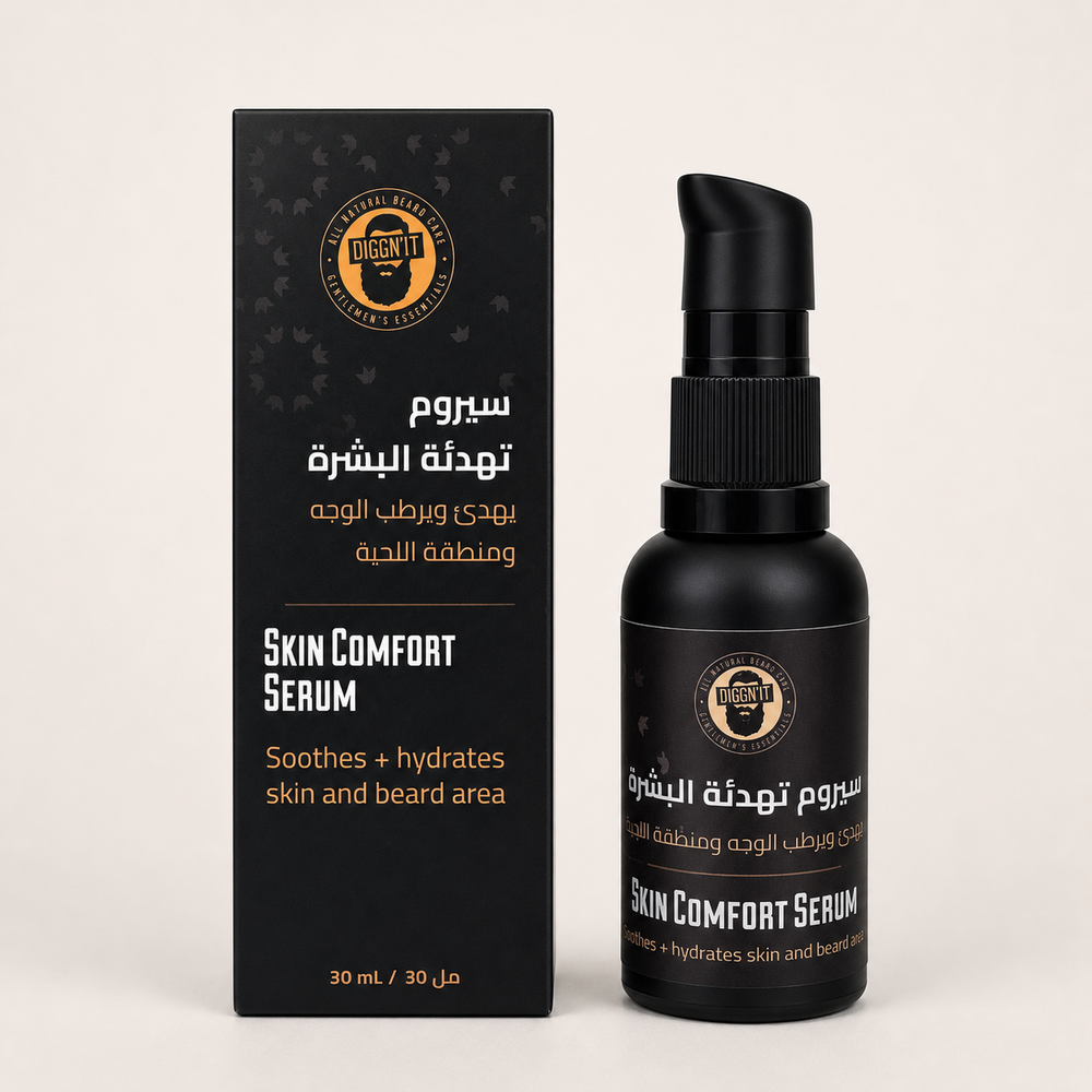 Diggn'It Skin Comfort Serum bottle and bilingual retail box on a clean white ecommerce background