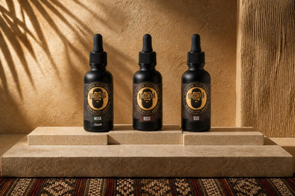 Three full-size Arabian Beard Oils in Misk, Rose, and Oud