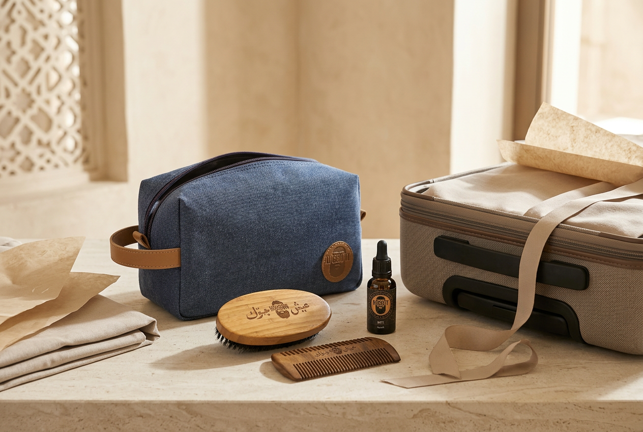 Diggn'It toiletry bag and grooming tools with a shirt, watch, and gift ribbon