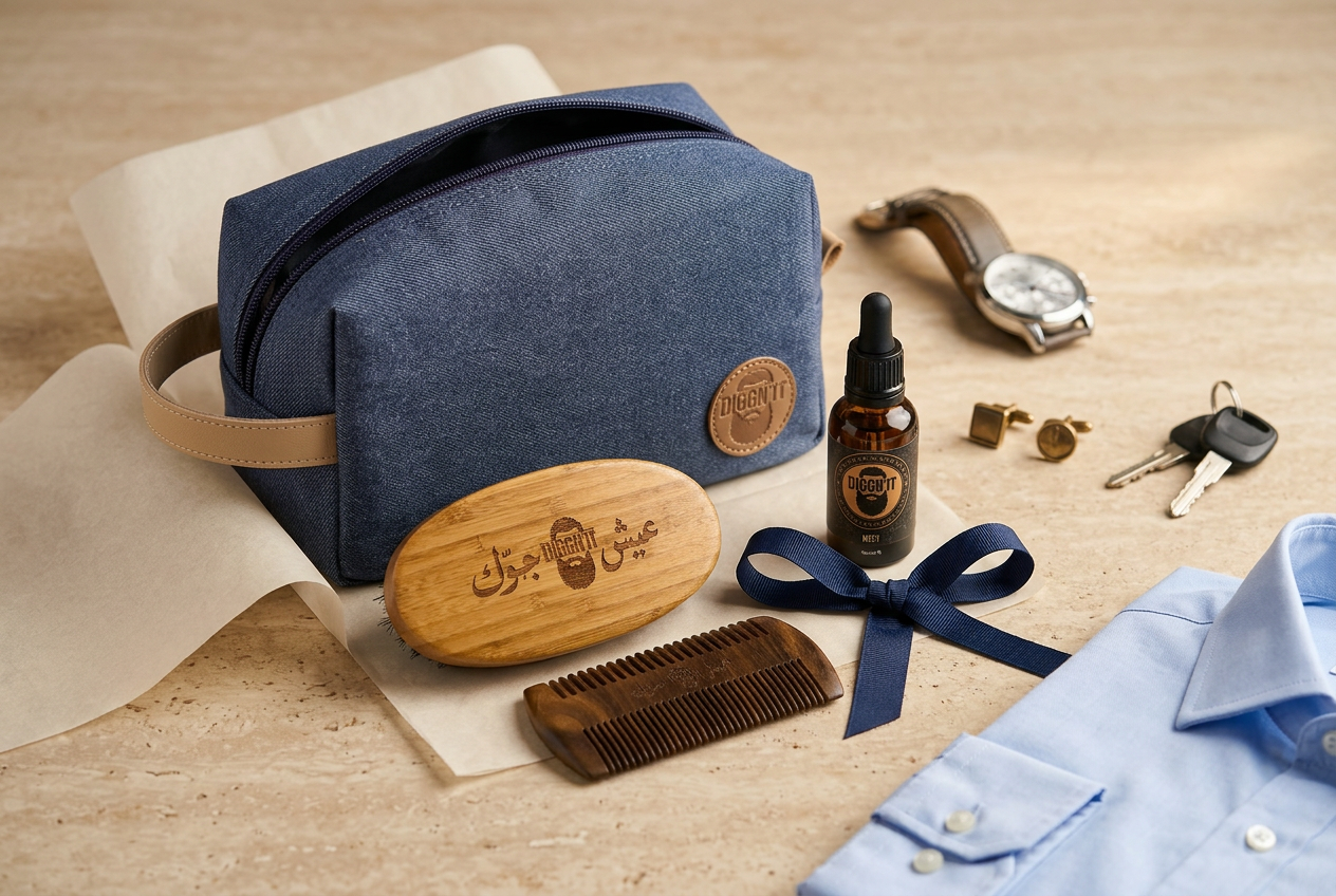 Diggn'It toiletry bag and grooming tools beside a suitcase and gift wrapping