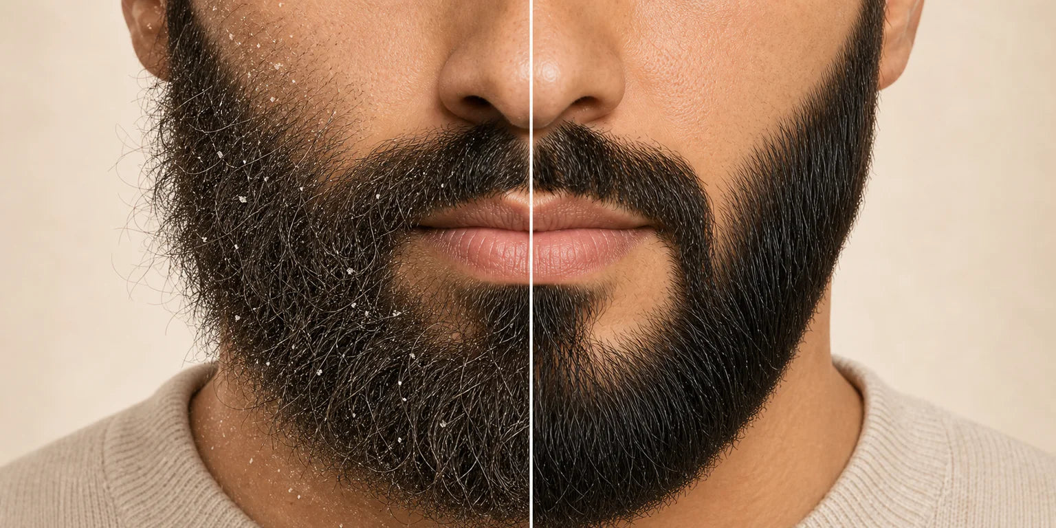 Illustrated split comparison: visible dryness on one side and a softer, better-groomed beard on the other